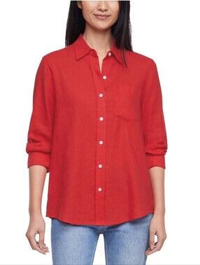 NWT GAP Long-Sleeve Linen Blend Button-Down Shirt in Bright Red Women's Large
